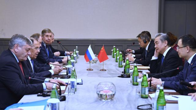 (261014) -- BAKU, Oct. 14, 2026 (Xinhua) -- Chinese Foreign Minister Wang Yi, also a member of the Political Bureau of the Communist Party of China Central Committee, meets with Russian Foreign Minister Sergei Lavrov in Baku, Azerbaijan, Oct. 14, 2026. (Xinhua/Chen Junfeng)