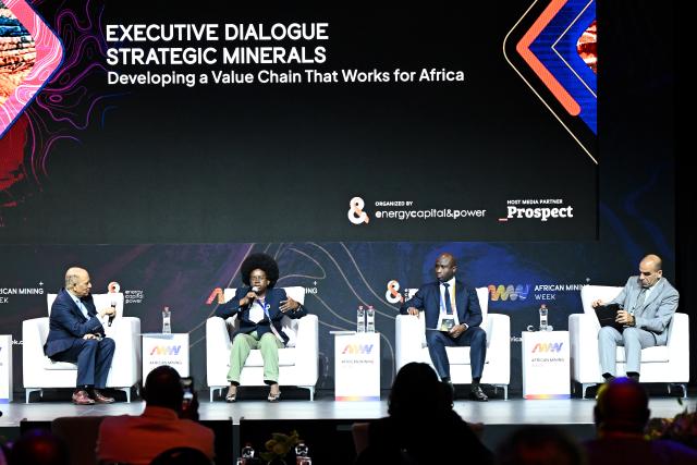 (261015) -- CAPE TOWN, Oct. 15, 2026 (Xinhua) -- Uganda's Minister of Energy and Mineral Development Monica Musenero Masanza (2nd L) and Egypt's Deputy Minister of Industry Mohamed Zada (1st R) attend an executive dialogue during African Mining Week 2026 in Cape Town, South Africa, Oct. 14, 2026. African Mining Week (AMW) 2026 on Wednesday kicked off in Cape Town, South Africa, with a call to unlock the full value of Africa's mineral resources through greater regional cooperation, investment and industrial development.
   TO GO WITH "African Mining Week urges efforts to unlock full value of continental resources" (Photo by Xabiso Mkhabela/Xinhua)