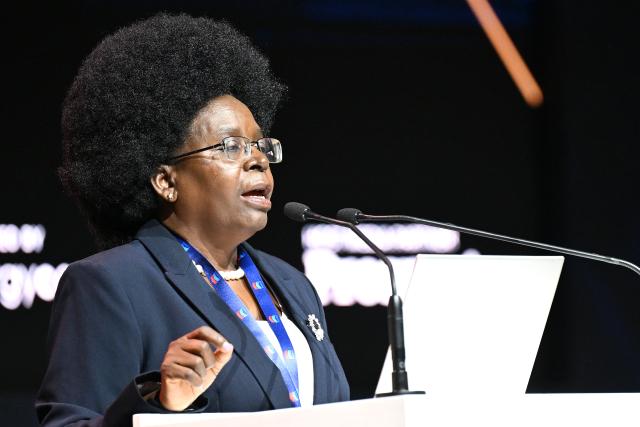 (261015) -- CAPE TOWN, Oct. 15, 2026 (Xinhua) -- Uganda's Minister of Energy and Mineral Development Monica Musenero Masanza speaks at the opening ceremony of African Mining Week 2026 in Cape Town, South Africa, Oct. 14, 2026. African Mining Week (AMW) 2026 on Wednesday kicked off in Cape Town, South Africa, with a call to unlock the full value of Africa's mineral resources through greater regional cooperation, investment and industrial development.
   TO GO WITH "African Mining Week urges efforts to unlock full value of continental resources" (Photo by Xabiso Mkhabela/Xinhua)