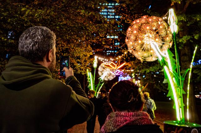 (261015) -- WARSAW, Oct. 15, 2026 (Xinhua) -- A man takes photos in a light garden in Swietokrzyski Park in Warsaw, Poland, Oct. 15, 2026. The year-round light garden opened on Thursday, featuring illuminated plant and butterfly installations and interactive projections that respond to visitors' movements. (Photo by Jaap Arriens/Xinhua)
