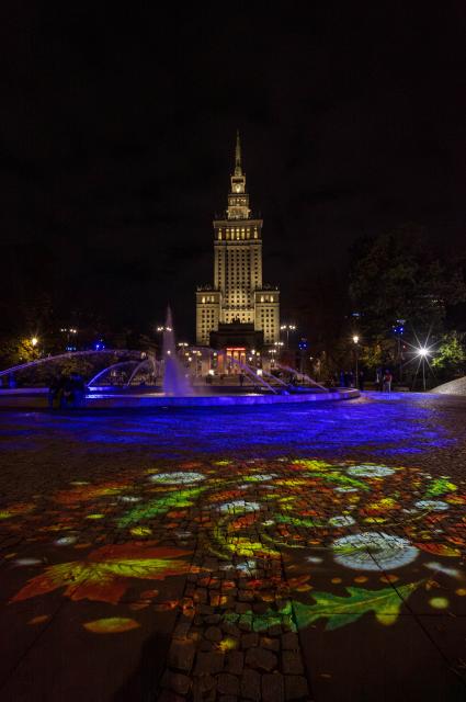 (261015) -- WARSAW, Oct. 15, 2026 (Xinhua) -- This photo taken on Oct. 15, 2026 shows a light garden in Swietokrzyski Park, with the Palace of Culture and Science in the background, in Warsaw, Poland. The year-round light garden opened on Thursday, featuring illuminated plant and butterfly installations and interactive projections that respond to visitors' movements. (Photo by Jaap Arriens/Xinhua)