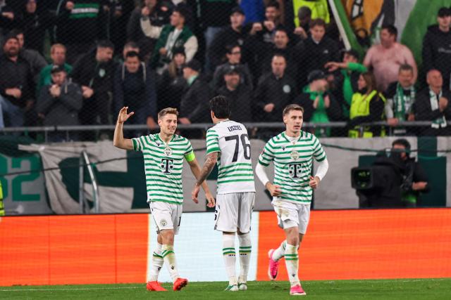 (261016) -- BUDAPEST, Oct. 16, 2026 (Xinhua) -- Kristoffer Zachariassen (L) of Ferencvaros celebrates with Krisztian Lisztes during the UEFA Europa League 2026/27 League Phase match between Ferencvaros and Viktoria Plzen in Budapest, Hungary, Oct. 15, 2026. (Xinhua/Hu Zhixuan)