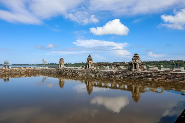 (261016) -- SIEM REAP, Oct. 16, 2026 (Xinhua) -- This photo taken on Oct. 15, 2026 shows part of the restored West Mebon Temple in Siem Reap province, Cambodia. Archaeologists have successfully restored the centuries-old West Mebon Temple within Cambodia's UNESCO-listed Angkor Archaeological Park, according to an APSARA National Authority (ANA) news release on Friday. (ANA/Handout via Xinhua)