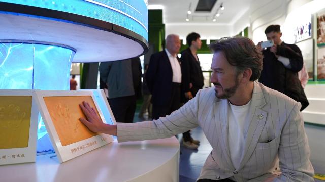 (261016) -- AKSU, Oct. 16, 2026 (Xinhua) -- American actor and television presenter Steven Weathers observes an exhibit at the Kekeya Memorial Hall in Aksu City, northwest China's Xinjiang Uygur Autonomous Region, Oct. 14, 2026. Kekeya's afforestation project, launched in 1986, marks its 40th anniversary this year. The project aimed to combat desertification and reduce the impact of shifting sands and dust storms on nearby residents.
   The visit to Kekeya was part of the third installment of the 2026 "Xinjiang in Four Seasons" tour, which brought international social media influencers to cultural sites, agricultural facilities and other destinations across Aksu Prefecture.
   TO GO WITH "Across China: International visitors explore four decades of greening in Xinjiang's Kekeya" (Xinhua)