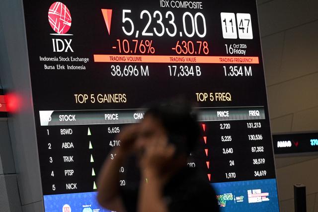 (261016) -- JAKARTA, Oct. 16, 2026 (Xinhua) -- A man is seen at the Indonesia Stock Exchange building in Jakarta, Indonesia, Oct. 16, 2026. Indonesia's benchmark stock index tumbled over 11 percent on Friday and the rupiah weakened sharply after global index provider MSCI announced a proposal to reclassify the market from "emerging" to "standalone" status. (Xinhua/Agung Kuncahya B.)