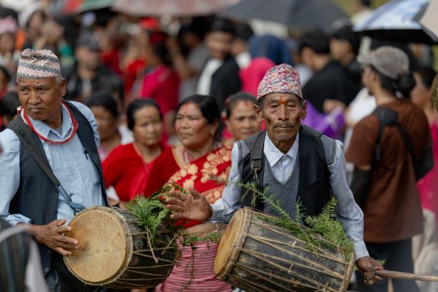 (261016) -- LALITPUR, Oct. 16, 2026 (Xinhua) -- People play traditional music during an event marking the Sikali Jatra festival in Khokana village, Lalitpur, Nepal, Oct. 16, 2026.
  The festival, also called the festival of Rudrayani, is celebrated here on Friday. (Photo by Sulav Shrestha/Xinhua)