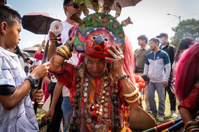 (261016) -- LALITPUR, Oct. 16, 2026 (Xinhua) -- A masked dancer is pictured during an event marking the Sikali Jatra festival in Khokana village, Lalitpur, Nepal, Oct. 16, 2026.
  The festival, also called the festival of Rudrayani, is celebrated here on Friday. (Photo by Hari Maharjan/Xinhua)