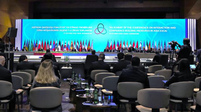 (261016) -- BAKU, Oct. 16, 2026 (Xinhua) -- This photo taken on Oct. 15, 2026 shows a scene of the 7th Summit of the Conference on Interaction and Confidence Building Measures in Asia (CICA) in Baku, Azerbaijan. The 7th CICA summit was held here on Thursday. Participants exchanged views on security and development in the CICA region, the implementation of confidence-building measures and ways to strengthen practical cooperation.
   The summit adopted and issued the Baku Declaration of the Seventh CICA Summit. (Xinhua/Chen Junfeng)