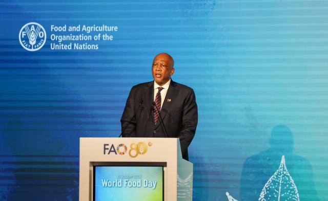 (261016) -- ROME, Oct. 16, 2026 (Xinhua) -- King Letsie III of Lesotho delivers a speech during the World Food Day ceremony at the headquarter of Food and Agriculture Organization of the United Nations (FAO) in Rome, Italy, Oct. 16, 2026. (Xinhua/Wang Kaiyan)