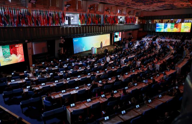 (261016) -- ROME, Oct. 16, 2026 (Xinhua) -- Photo taken on Oct. 16, 2026 shows a general view of the World Food Day ceremony at the headquarter of Food and Agriculture Organization of the United Nations (FAO) in Rome. (Xinhua/Wang Kaiyan)