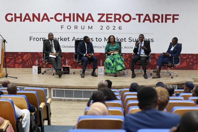 (261016) -- ACCRA, Oct. 16, 2026 (Xinhua) -- Experts attend a panel discussion during the Ghana-China Zero-Tariff Forum 2026 in Accra, Ghana, Oct. 15, 2026. TO GO WITH "No political strings attached to China's zero-tariff treatment: Chinese ambassador" (Photo by Seth/Xinhua)