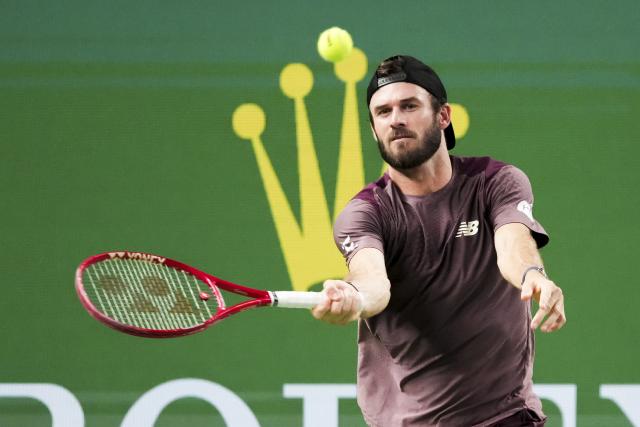 (261017) -- SHANGHAI, Oct. 17, 2026 (Xinhua) -- Tommy Paul of the United States hits a return to Daniil Medvedev of Russia during the men's quarterfinal at the 2026 ATP tour Shanghai Masters tennis tournament in Shanghai, China, Oct. 16, 2026. (Xinhua/Wang Xiang)