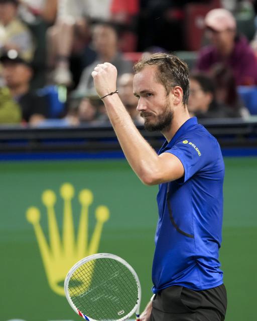 (261017) -- SHANGHAI, Oct. 17, 2026 (Xinhua) -- Daniil Medvedev of Russia celebrates scoring while competing against Tommy Paul of the United States during the men's quarterfinal at the 2026 ATP tour Shanghai Masters tennis tournament in Shanghai, China, Oct. 16, 2026. (Xinhua/Wang Xiang)