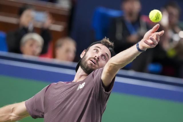 (261017) -- SHANGHAI, Oct. 17, 2026 (Xinhua) -- Tommy Paul of the United States serves to Daniil Medvedev of Russia during the men's quarterfinal at the 2026 ATP tour Shanghai Masters tennis tournament in Shanghai, China, Oct. 16, 2026. (Xinhua/Wang Xiang)
