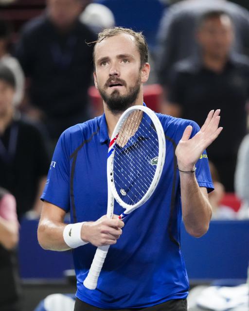 (261017) -- SHANGHAI, Oct. 17, 2026 (Xinhua) -- Daniil Medvedev of Russia celebrates defeating Tommy Paul of the United States after the men's quarterfinal at the 2026 ATP tour Shanghai Masters tennis tournament in Shanghai, China, Oct. 16, 2026. (Xinhua/Wang Xiang)