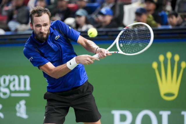(261017) -- SHANGHAI, Oct. 17, 2026 (Xinhua) -- Daniil Medvedev of Russia hits a return to Tommy Paul of the United States during the men's quarterfinal at the 2026 ATP tour Shanghai Masters tennis tournament in Shanghai, China, Oct. 16, 2026. (Xinhua/Wang Xiang)