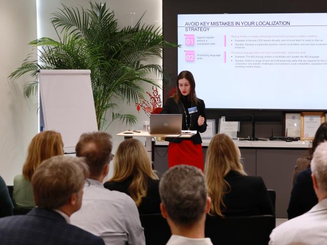 (261017) -- SHANGHAI, Oct. 17, 2026 (Xinhua) -- Miriam Wickertsheim, general manager of recruitment firm Direct HR, speaks about legal and HR updates for international companies in China at an event in Shanghai, east China, Feb. 25, 2026. (Xinhua)
