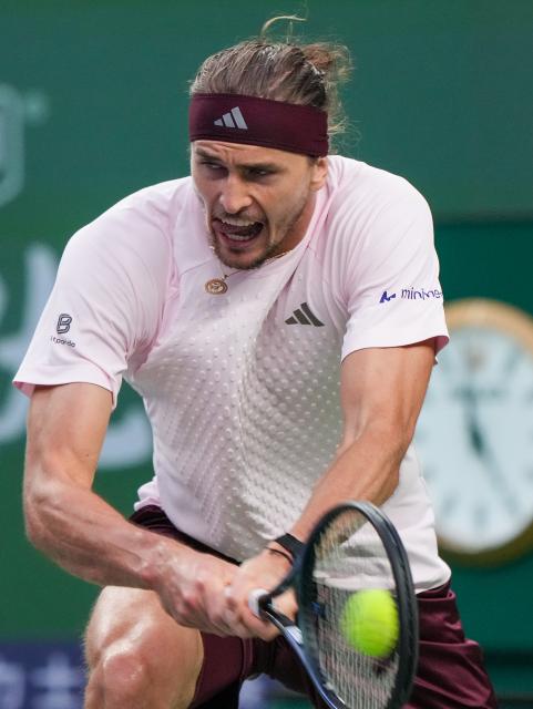 (261017) -- SHANGHAI, Oct. 17, 2026 (Xinhua) -- Alexander Zverev hits a return during the men's singles semifinal between Alexander Zverev of Germany and Alejandro Davidovich Fokina of Spain at the 2026 ATP tour Shanghai Masters tennis tournament in Shanghai, China, Oct. 17, 2026. (Xinhua/Ding Ting)