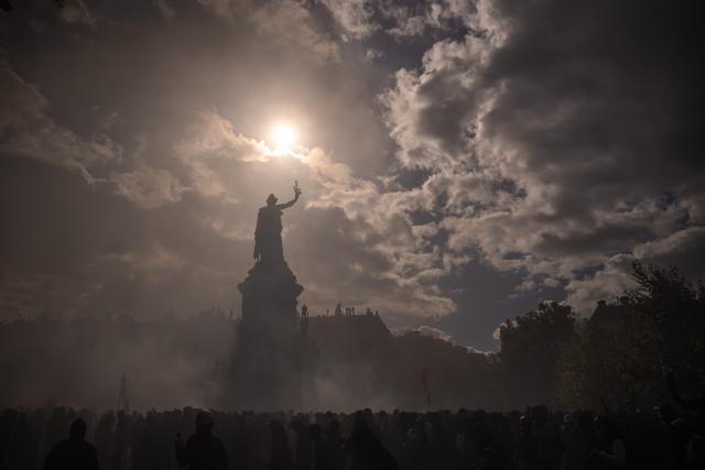 (261017) -- PARIS, Oct. 17, 2026 (Xinhua) -- People gather at Place de la Republique during a protest in Paris, France, Oct. 17, 2026. French Interior Minister Laurent Nunez said Saturday that about 550,000 people took part in the protests across France. According to French media reports, the demonstrations brought together farmers, climate activists, trade unions and students, expressing demands on fuel prices, the cost of living, education and public services. (Photo by Aurelien Morissard/Xinhua)