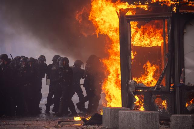 (261017) -- PARIS, Oct. 17, 2026 (Xinhua) -- Law enforcement officers are seen during a protest in Paris, France, Oct. 17, 2026. French Interior Minister Laurent Nunez said Saturday that about 550,000 people took part in the protests across France. According to French media reports, the demonstrations brought together farmers, climate activists, trade unions and students, expressing demands on fuel prices, the cost of living, education and public services. (Photo by Aurelien Morissard/Xinhua)