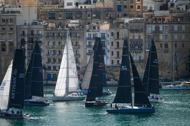 (261018) -- VALLETTA, Oct. 18, 2026 (Xinhua) -- Yachts are seen sailing from the Grand Harbour of Malta, port of Valletta, during the 47th Rolex Middle Sea Race in Valletta, Malta, on Oct. 17, 2026. (Photo by Jonathan Borg/Xinhua)