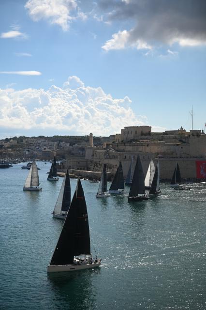 (261018) -- VALLETTA, Oct. 18, 2026 (Xinhua) -- Yachts are seen sailing from the Grand Harbour of Malta, port of Valletta, during the 47th Rolex Middle Sea Race in Valletta, Malta, on Oct. 17, 2026. (Photo by Jonathan Borg/Xinhua)