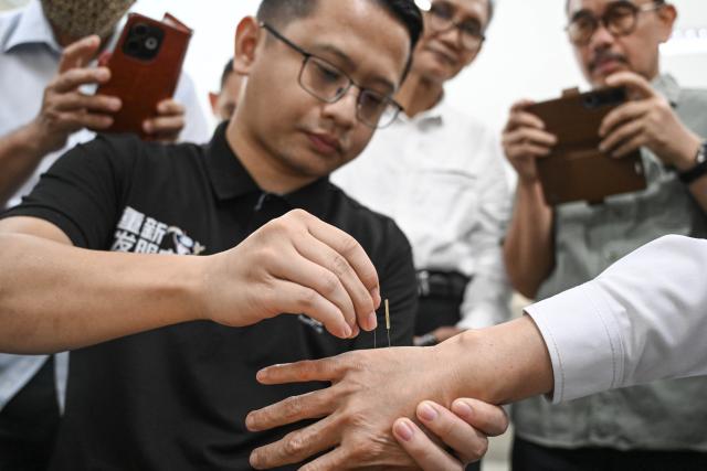 (261018) -- JAKARTA, Oct. 18, 2026 (Xinhua) -- Chen Zhigeng, director of the medical department at Wenzhi Traditional Chinese Medicine, demonstrates a technique during a training session at RSPPN Soedirman in Jakarta, Indonesia, Oct. 15, 2026. TO GO WITH "Asia-Pacific Community: How Chinese TCM training hones Indonesian medical skills" (Xinhua/Veri Sanovri)