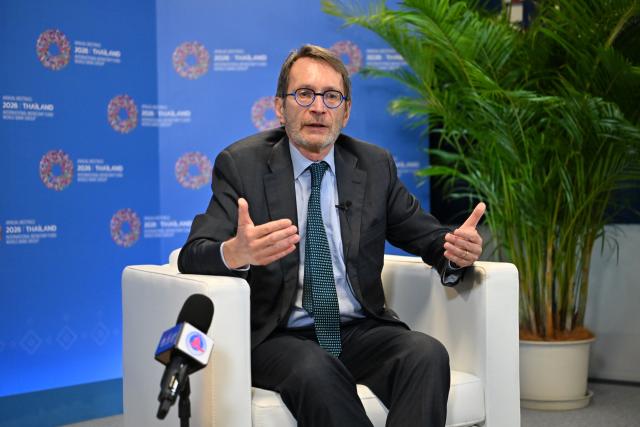 (261018) -- BANGKOK, Oct. 18, 2026 (Xinhua) -- Thomas Helbling, deputy director in the International Monetary Fund (IMF)'s Asia and Pacific Department, speaks in an interview with Xinhua in Bangkok, Thailand on Oct. 12, 2026. TO GO WITH "Interview: IMF official says China makes proactive efforts for maintaining multilateral, rules-based trading system" (Photo by Rachen Sageamsak/Xinhua)