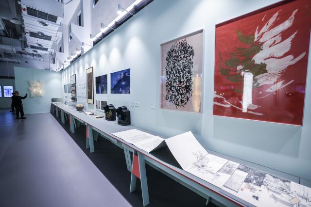 (261018) -- HANGZHOU, Oct. 18, 2026 (Xinhua) -- This photo taken on Oct. 18, 2026 shows a view of a special exhibition on innovative design of Chinese cultural heritage in Hangzhou, east China's Zhejiang Province. This design exhibition is one of the side events for the fourth Liangzhu Forum. (Xinhua/Xu Yu)
