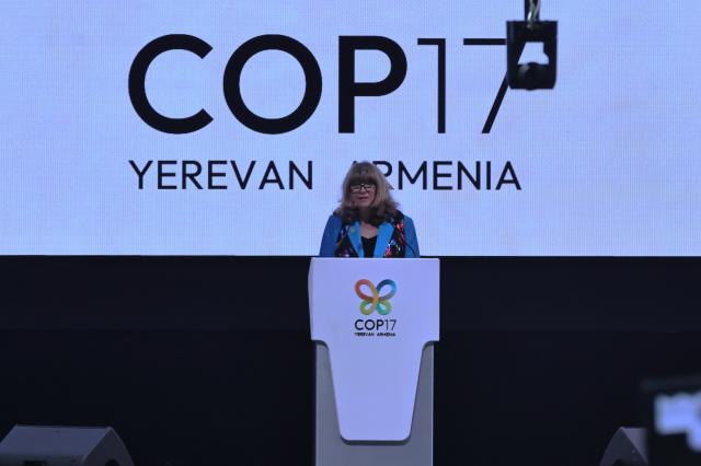 (261018) -- YEREVAN, Oct. 18, 2026 (Xinhua) -- Astrid Schomaker, executive secretary of the Convention on Biological Diversity, speaks at the opening ceremony of the 17th meeting of the Conference of the Parties to the Convention on Biological Diversity (COP17) in Yerevan, Armenia, Oct. 18, 2026. The 17th meeting of the Conference of the Parties to the Convention on Biological Diversity (COP17) opened on Sunday in Yerevan, the capital of Armenia, with countries set to conduct the first global review of collective progress in implementing the Kunming-Montreal Global Biodiversity Framework (KMGBF). (Xinhua/Chen Junfeng)
