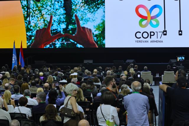 (261018) -- YEREVAN, Oct. 18, 2026 (Xinhua) -- Photo taken on Oct. 18, 2026 shows the opening ceremony of the 17th meeting of the Conference of the Parties to the Convention on Biological Diversity (COP17) in Yerevan, Armenia. The 17th meeting of the Conference of the Parties to the Convention on Biological Diversity (COP17) opened on Sunday in Yerevan, the capital of Armenia, with countries set to conduct the first global review of collective progress in implementing the Kunming-Montreal Global Biodiversity Framework (KMGBF). (Xinhua/Chen Junfeng)