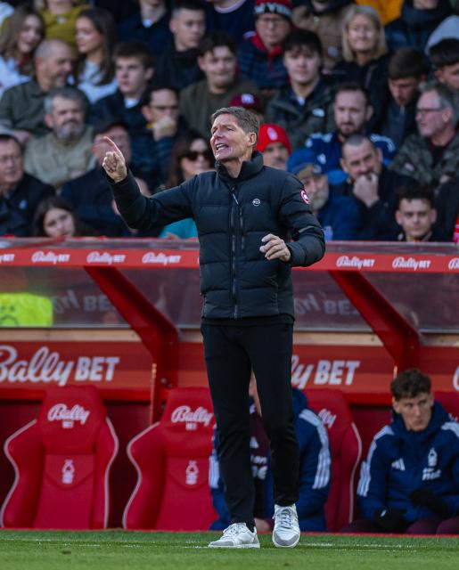 (261019) -- NOTTINGHAM, Oct. 19, 2026 (Xinhua) -- Nottingham Forest's head coach Oliver Glasner reacts during the English Premier League match between Nottingham Forest FC and Arsenal FC in Nottingham, Britain, on Oct. 18, 2026. (Xinhua)
FOR EDITORIAL USE ONLY. NOT FOR SALE FOR MARKETING OR ADVERTISING CAMPAIGNS. NO USE WITH UNAUTHORIZED AUDIO, VIDEO, DATA, FIXTURE LISTS, CLUB/LEAGUE LOGOS OR "LIVE" SERVICES. ONLINE IN-MATCH USE LIMITED TO 45 IMAGES, NO VIDEO EMULATION. NO USE IN BETTING, GAMES OR SINGLE CLUB/LEAGUE/PLAYER PUBLICATIONS.