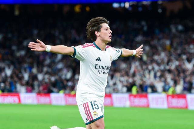 (261019) -- MADRID, Oct. 19, 2026 (Xinhua) -- Real Madrid's Arda Guler celebrates a scored goal during the La Liga football match between Real Madrid and Sevilla F.C. at Santiago Bernabeu stadium, in Madrid, Spain, on Oct. 18, 2026. (Photo by Gustavo Valiente/Xinhua)