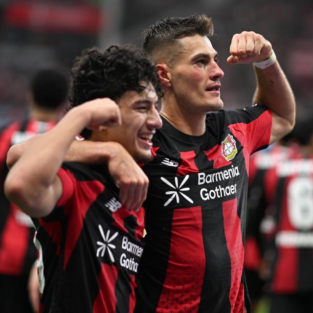 (261019) -- LEVERKUSEN, Oct. 19, 2026 (Xinhua) -- Patrik Schick (rear) of Bayer 04 Leverkusen celebrates scoring with teammate Ibrahim Maza during the German first division of Bundesliga football match between Bayer 04 Leverkusen and SC Freiburg in Leverkusen, Germany, Oct. 18, 2026. (Photo by Ulrich Hufnagel/Xinhua)