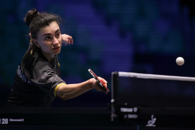(261019) -- LJUBLJANA, Oct. 19, 2026 (Xinhua) -- Elizabet Abraamian of Russia hits a return during the women's singles final of the European Table Tennis Championships against Annett Kaufmann of Germany at Stozice Sports Hall in Ljubljana, Slovenia, Oct. 18, 2026. (Photo by Zeljko Stevanic/Xinhua)