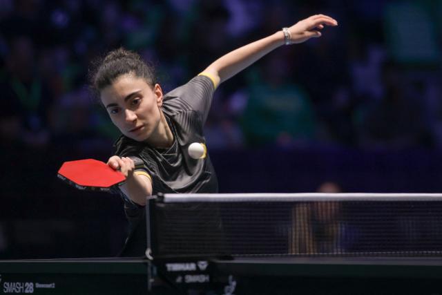 (261019) -- LJUBLJANA, Oct. 19, 2026 (Xinhua) -- Elizabet Abraamian of Russia hits a return during the women's singles final of the European Table Tennis Championships against Annett Kaufmann of Germany at Stozice Sports Hall in Ljubljana, Slovenia, Oct. 18, 2026. (Photo by Zeljko Stevanic/Xinhua)