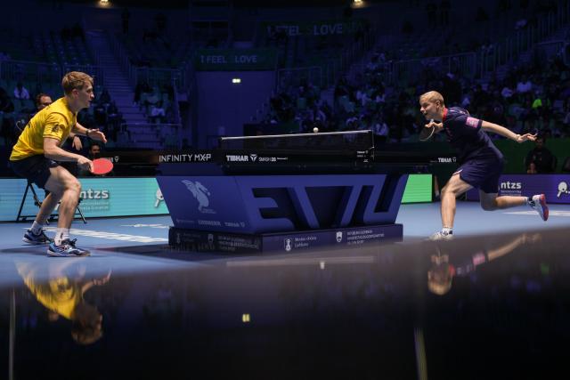 (261019) -- LJUBLJANA, Oct. 19, 2026 (Xinhua) -- Felix Lebrun (R) of France hits a return during the men's singles final of the European Table Tennis Championships against Anton Kallberg of Sweden at Stozice Sports Hall in Ljubljana, Slovenia, Oct. 18, 2026. (Photo by Zeljko Stevanic/Xinhua)