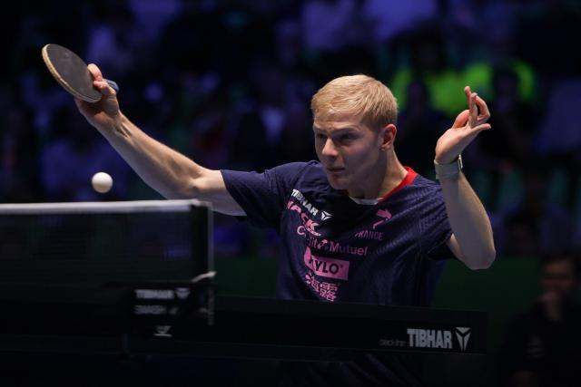(261019) -- LJUBLJANA, Oct. 19, 2026 (Xinhua) -- Felix Lebrun of France hits a return during the men's singles final of the European Table Tennis Championships against Anton Kallberg of Sweden at Stozice Sports Hall in Ljubljana, Slovenia, Oct. 18, 2026. (Photo by Zeljko Stevanic/Xinhua)