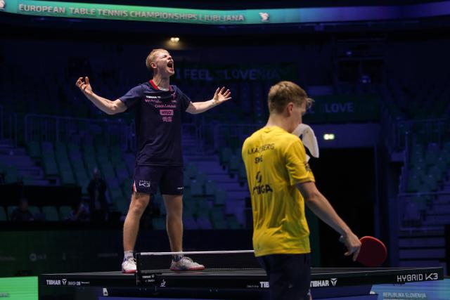 (261019) -- LJUBLJANA, Oct. 19, 2026 (Xinhua) -- Felix Lebrun of France celebrates after winning the men's singles final of the European Table Tennis Championships against Anton Kallberg of Sweden at Stozice Sports Hall in Ljubljana, Slovenia, Oct. 18, 2026. (Photo by Zeljko Stevanic/Xinhua)