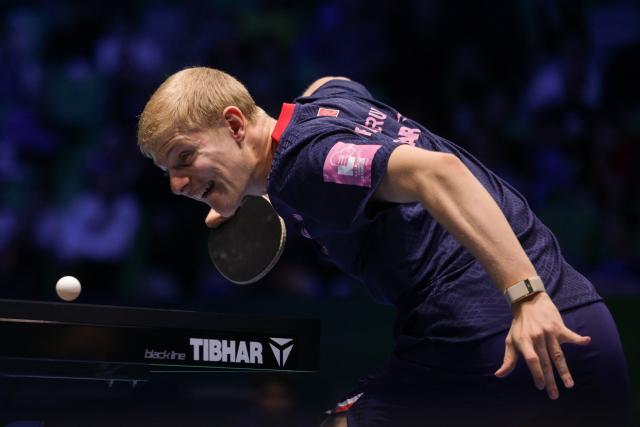 (261019) -- LJUBLJANA, Oct. 19, 2026 (Xinhua) -- Felix Lebrun of France serves during the men's singles final of the European Table Tennis Championships against Anton Kallberg of Sweden at Stozice Sports Hall in Ljubljana, Slovenia, Oct. 18, 2026. (Photo by Zeljko Stevanic/Xinhua)