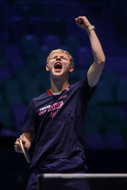 (261019) -- LJUBLJANA, Oct. 19, 2026 (Xinhua) -- Felix Lebrun of France celebrates after winning the men's singles final of the European Table Tennis Championships against Anton Kallberg of Sweden at Stozice Sports Hall in Ljubljana, Slovenia, Oct. 18, 2026. (Photo by Zeljko Stevanic/Xinhua)