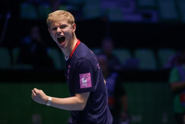 (261019) -- LJUBLJANA, Oct. 19, 2026 (Xinhua) -- Felix Lebrun of France celebrates a point during the men's singles final of the European Table Tennis Championships against Anton Kallberg of Sweden at Stozice Sports Hall in Ljubljana, Slovenia, Oct. 18, 2026. (Photo by Zeljko Stevanic/Xinhua)