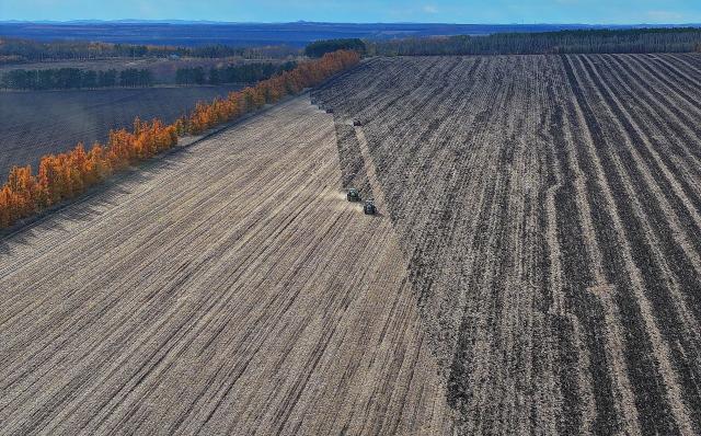 (261019) -- HARBIN, Oct. 19, 2026 (Xinhua) -- An aerial drone photo taken on Oct. 13, 2026 shows agricultural machines operating at a farm under the Beidahuang Group in northeast China's Heilongjiang Province. While pressing ahead with the autumn harvest recently, the Beidahuang Group has mobilized farm machines to prepare the arable lands across the Heilongjiang Reclamation Area for next year's crop planting. (Photo by Ren Baoji/Xinhua)