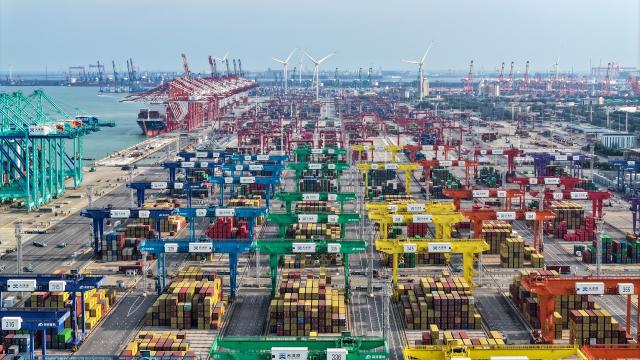 (261019) -- BEIJING, Oct. 19, 2026 (Xinhua) -- An aerial drone photo taken on Sept. 18, 2026 shows a view of Tianjin Port in Tianjin, north China. (Xinhua/Sun Fanyue)