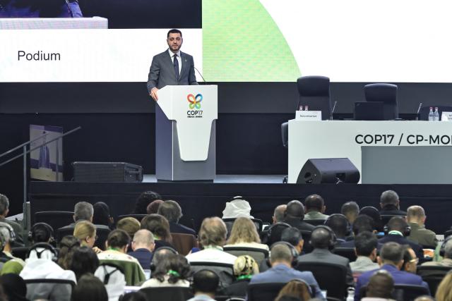 (261019) -- YEREVAN, Oct. 19, 2026 (Xinhua) -- Armenian Environment Minister Hambardzum Matevosyan speaks at the 17th meeting of the Conference of the Parties to the UN Convention on Biological Diversity (COP17) in Yerevan, Armenia, Oct. 19, 2026. The opening plenary of the 17th meeting of the Conference of the Parties to the UN Convention on Biological Diversity (COP17) was held here on Monday. (Xinhua/Chen Junfeng)