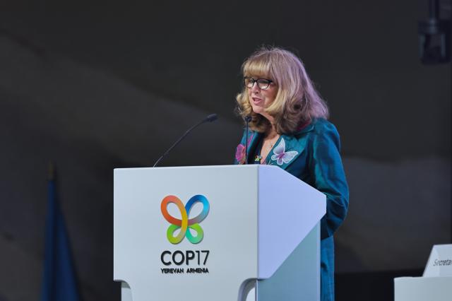 (261019) -- YEREVAN, Oct. 19, 2026 (Xinhua) -- Astrid Schomaker, executive secretary of the Convention on Biological Diversity, speaks at the 17th meeting of the Conference of the Parties to the UN Convention on Biological Diversity (COP17) in Yerevan, Armenia, Oct. 19, 2026. The opening plenary of the 17th meeting of the Conference of the Parties to the UN Convention on Biological Diversity (COP17) was held here on Monday. (Xinhua/Chen Junfeng)