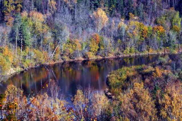 (261019) -- SIGULDA, Oct. 19, 2026 (Xinhua) -- Photo taken on Oct. 19, 2026 shows the autumn scenery in Sigulda, Latvia. (Photo by Edijs Palens/Xinhua)