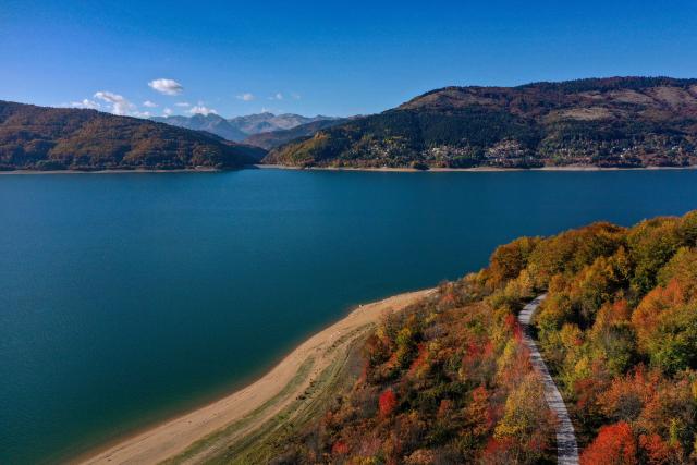 (261019) -- MAVROVO, Oct. 19, 2026 (Xinhua) -- An aerial drone photo shows scenery at Mavrovo National Park in Mavrovo, North Macedonia, Oct. 19, 2026. (Photo by Tomislav Georgiev/Xinhua)