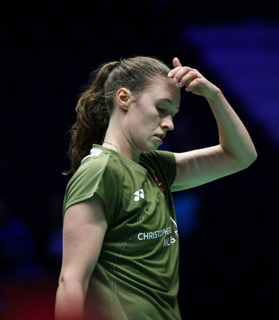 (261020) -- PARIS, Oct. 20, 2026 (Xinhua) -- Line Christophersen of Denmark reacts during the women's singles first round match between Han Yue of China and Line Christophersen of Denmark at the French Open badminton tournament in Paris, France, Oct. 20, 2026. (Xinhua/Wu Huiwo)