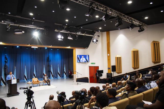 (261020) -- GABORONE, Oct. 20, 2026 (Xinhua) -- Botswanan President Duma Gideon Boko (at the podium) speaks at a press conference in Gaborone, Botswana, Oct. 19, 2026. Botswana and China have opened a new chapter in their longstanding friendship by elevating bilateral ties to a comprehensive strategic cooperative partnership, Botswanan President Duma Gideon Boko said.
  Boko made the remarks at a press conference in Gaborone on Monday following return from his first state visit to China. (Xinhua/Tshekiso Tebalo)